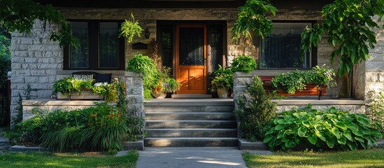 Fototapeta premium Inviting charming house with wide stone walls and lush plants on sunny day with empty copy space for text in vibrant green garden setting