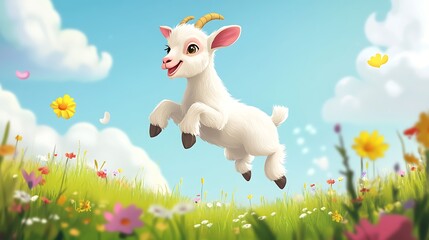 Fototapeta premium Little funny baby goat jumping in the field with flowers.