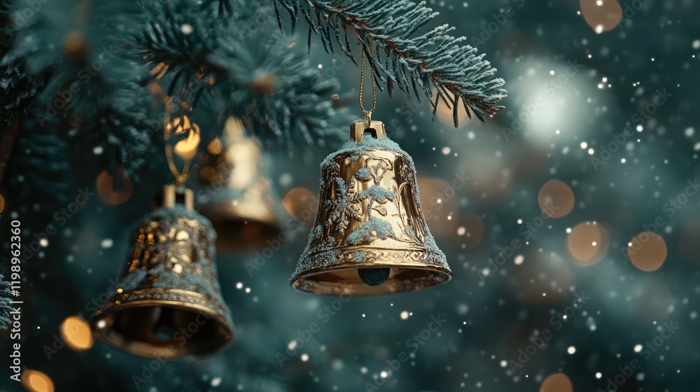 Aufkleber close up of golden bell ornaments hanging from a lush green christmas tree with soft snowflake bokeh