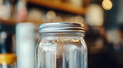 Transparent glass jar with silver lid captured at close range, featuring blurred caf&Atilde;&copy; background and ample negative space for text placement.