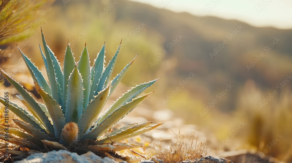 Poster close-up of green agave plant in desert landscape with soft focus background and warm tones for text