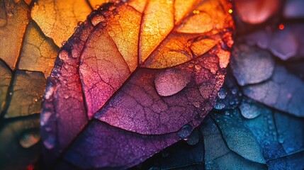Fototapeta premium Colorful translucent leaves with water droplets, close-up view, rich texture and detail, vibrant hues, Copy Space available.