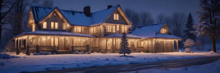 A snowy evening scene with a decorated house and small trees, icy pavement, holiday ambiance, holiday decorations