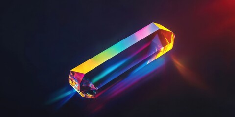 A floating crystal prism reflecting vibrant rainbow light beams onto a dark, minimalist background, creating a futuristic feel