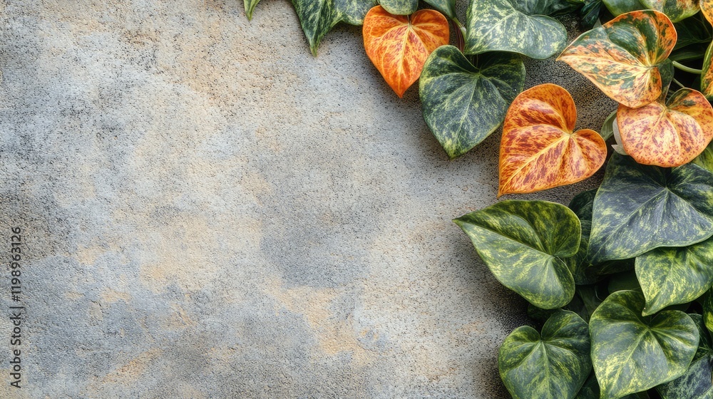 Poster Green and orange heart-shaped leaves on textured gray stone background with empty space for adding text or design elements