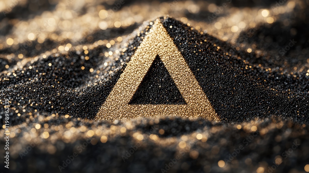 Aufkleber Macro close-up of golden sand grains with a textured black background featuring an AI generated logo and ample empty space for text overlay.
