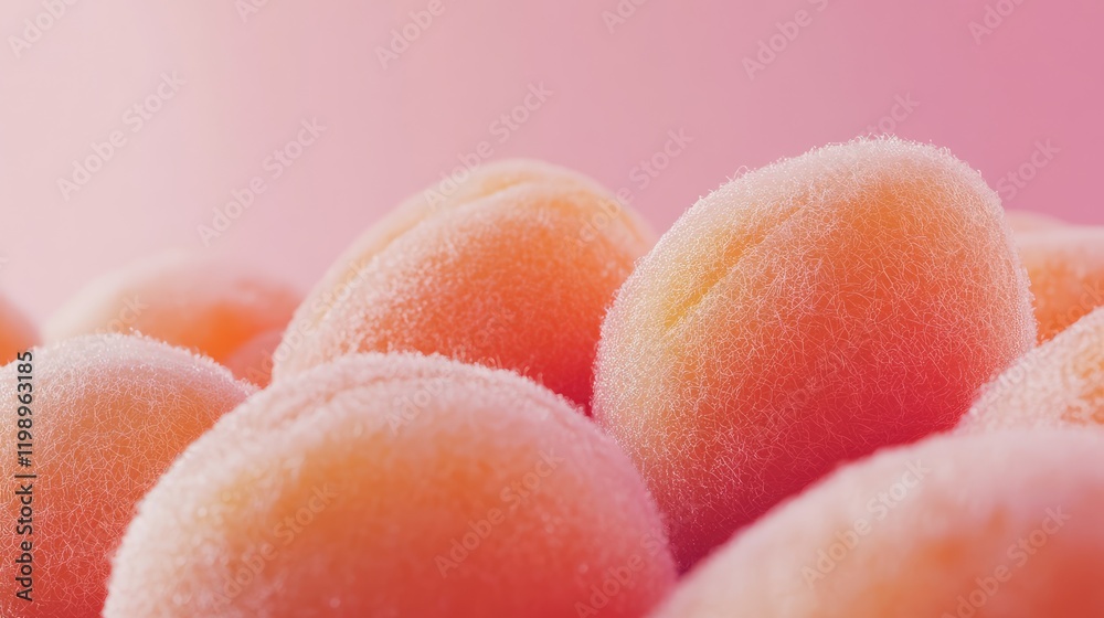 Aufkleber Close-up shot of soft fuzzy orange peaches arranged on a smooth gradient pink background with blank copy space for text overlay.