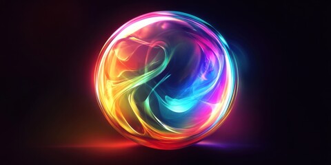 Naklejka premium A glowing abstract orb with swirling rainbow gradients inside, surrounded by soft light flares, set against a minimalist black background