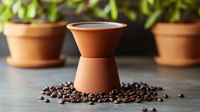 Close up of terracotta coffee funnel with dark roasted coffee beans on gray table surrounded by green potted plants and empty space for text. - Powered by Adobe