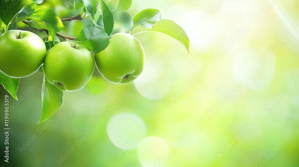 Poster close up of fresh green apples on a tree branch with lush green leaves and bright blurred background