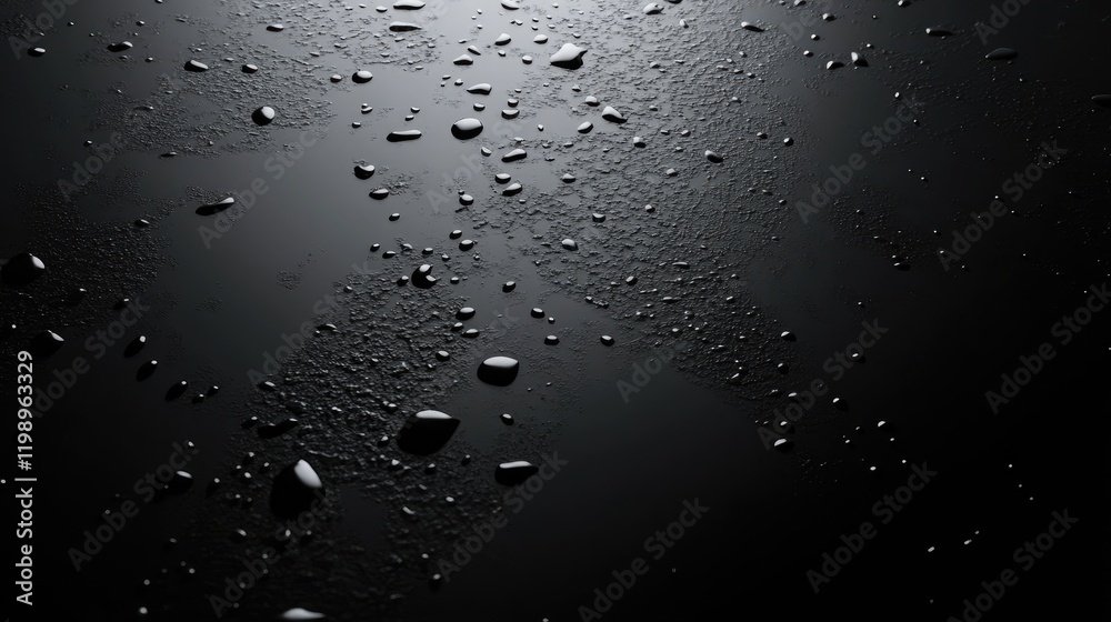 Aufkleber Close up of realistic water droplets on a dark reflective surface with textured patterns and empty space for text composition