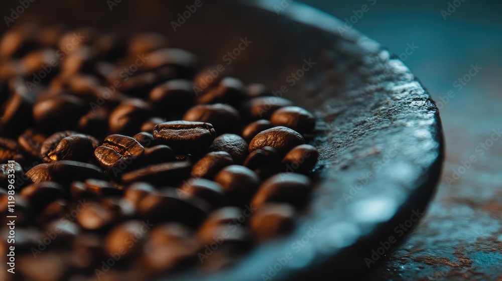 Aufkleber Close up of roasted dark brown coffee beans on a textured plate against a blurred blue background with empty space for text.