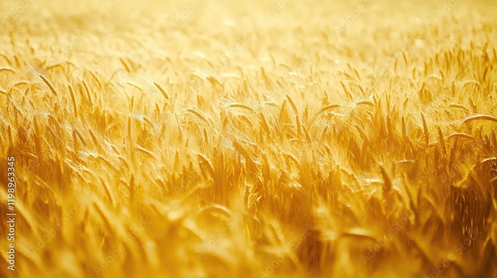 Poster Golden Corn Ears in Ripe Wheat Field Bathed in Warm Sunlight with Ample Copy Space for Text and Soft Focus Background