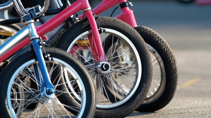 A group of bicycles parked side by side in a straight line