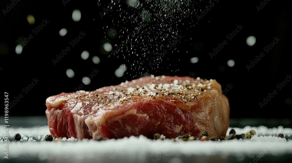 Poster close up shot of golden ribeye steak sprinkled with sea salt and black pepper on a dark background w