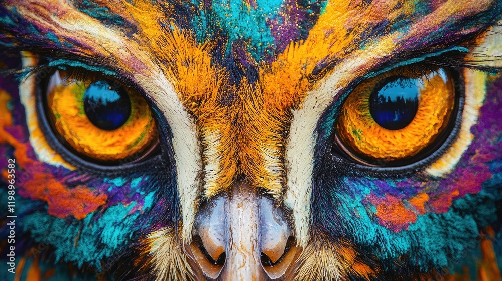 Poster close-up of vibrant golden peacock and tiger bird eyes against multicolored background featuring eth