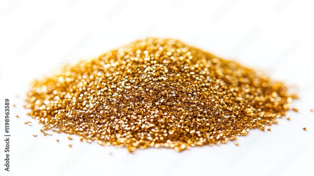 Poster Golden glitter pile on a pristine white background creating elegant texture and ample negative space for creative design and text placement