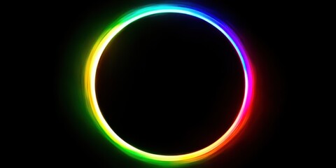 A glowing circle of rainbow light, radiating outwards with soft, blurred edges, on a minimalist black background