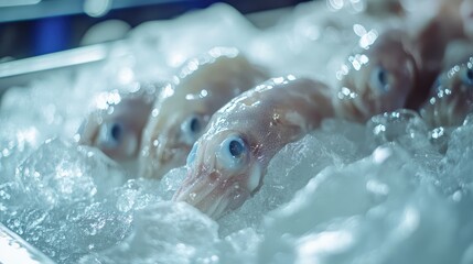 Fototapeta premium Fresh squid seafood in glistening ice at vibrant market display with soft blue tones and ample empty space for text messaging.