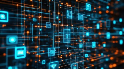 Obraz premium Abstract Digital Network with Glowing Lines and Icons in Blue and Orange