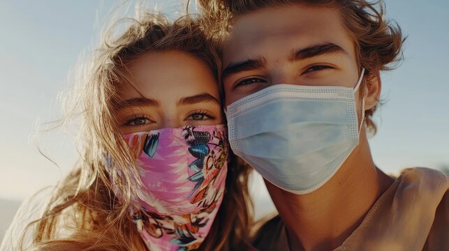 Young couple with masks smiling together outdoors in soft sunlight, vibrant pink and blue face coverings, blurred landscape background for text space
