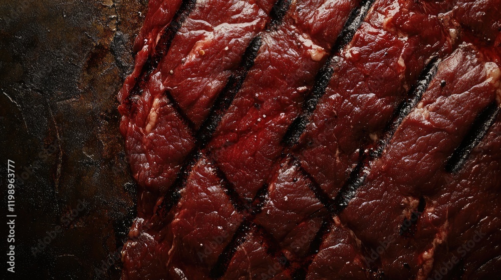 Poster Close up of textured grill marks on a cooked juicy beef steak with dark charred edges and empty space for culinary text background