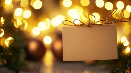 Close-up of a blank cardboard note with bokeh festive lights and decorative elements, suitable for personalized messages.