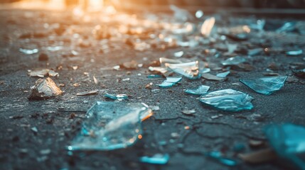 Close-up of broken glass and colorful plastic debris scattered on a textured floor with warm golden...