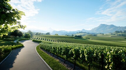 Fototapeta premium Scenic vineyard landscape with rolling hills and a winding road.
