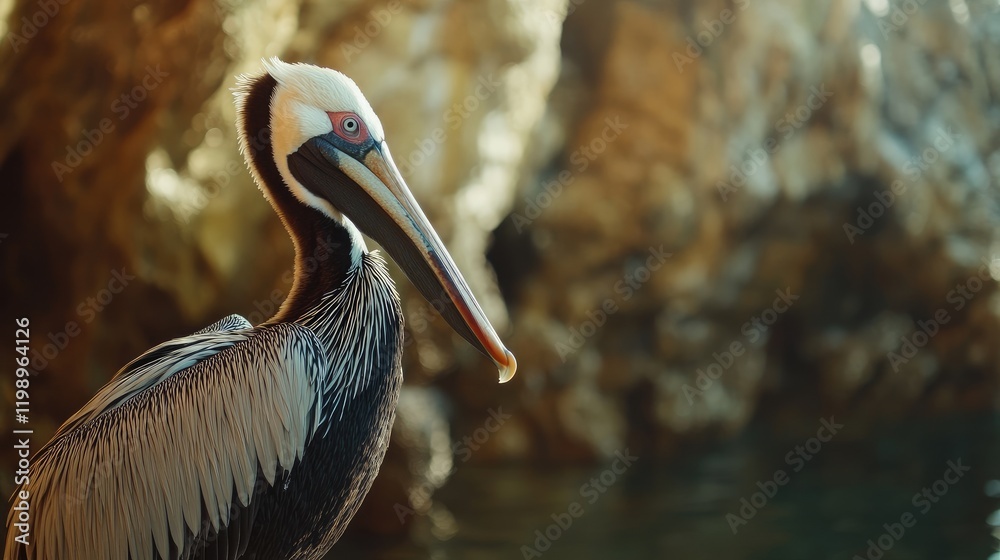 Aufkleber elegant close-up portrait of brown pelican with soft focused background and tranquil coastal setting