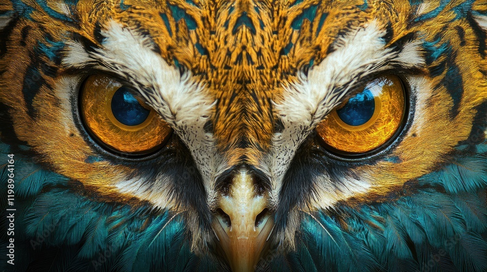 Poster detailed close-up of vibrant golden peacock and striking tiger bird eyes on multicolored ethnic moti