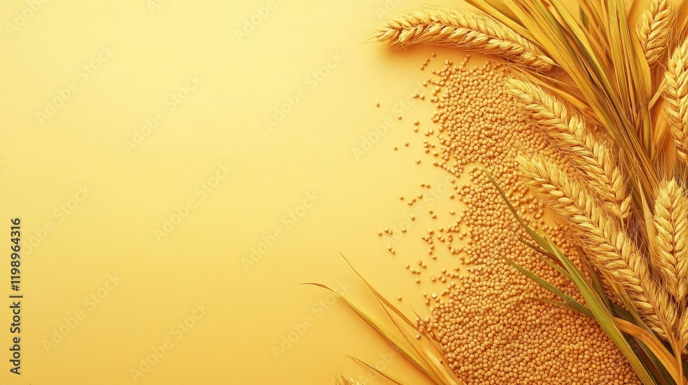 Poster golden millet grain close up background with wheat stalks and empty text space on vibrant yellow sur