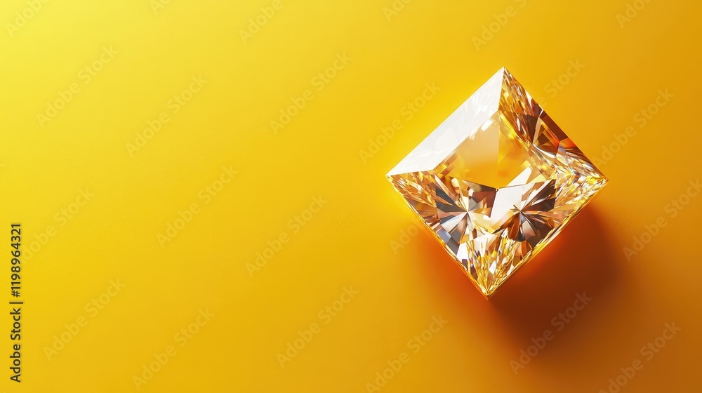 Poster Close-up view of a brilliant square diamond exhibiting sparkle and clarity on a vibrant yellow background with ample negative space for text placement