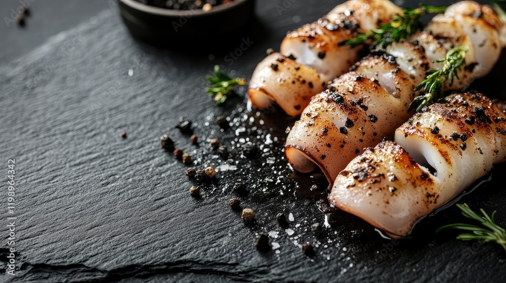 Poster grilled squid with black salt on a dark slate surface, close-up view, empty text space