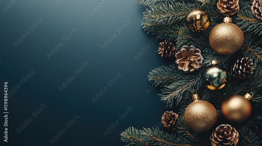 Poster golden christmas ornaments and pine cones on evergreen branch against dark blue background featuring