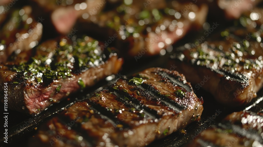 Poster grilled steak close-up enhanced by herbs with dark background space for text