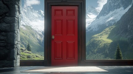 Vibrant Red Door in Scenic Mountain Landscape with Natural Beauty