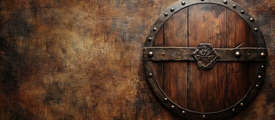 Fototapeta premium Close up of an aged wooden medieval shield adorned with metal studs mounted on a textured brown wall, providing space for text overlay