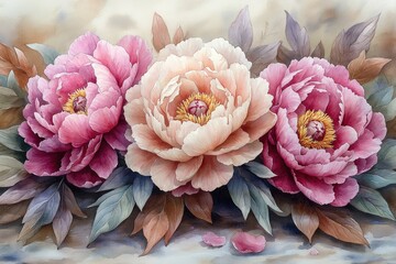 A bouquet of three pink peonies surrounded by lush green leaves