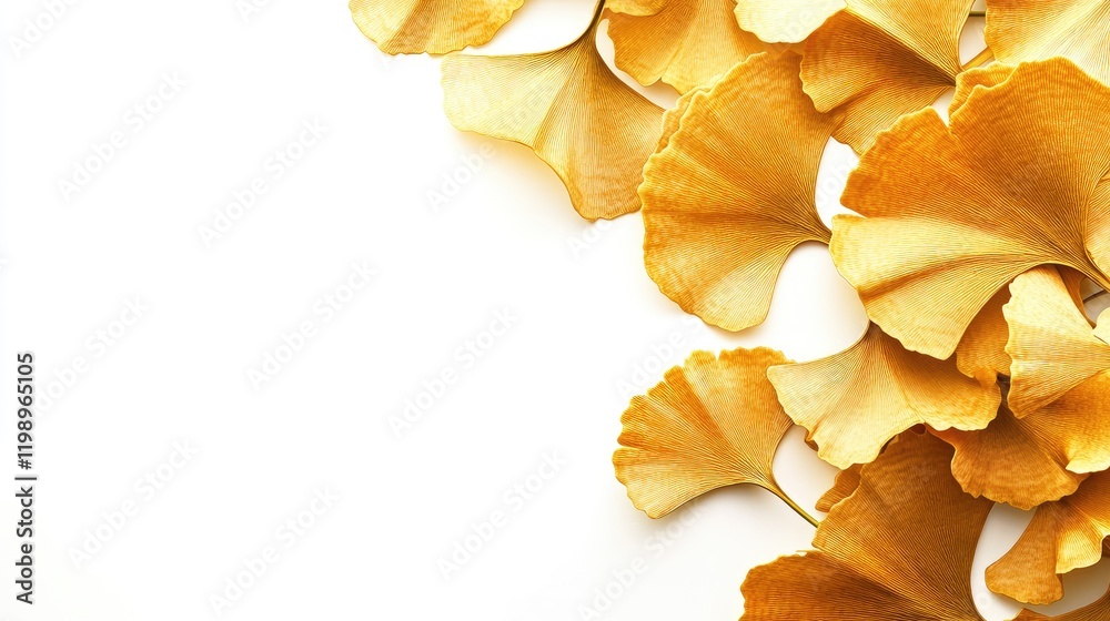 Aufkleber close up of vibrant golden ginkgo tree leaves arranged artistically on a clean white background crea