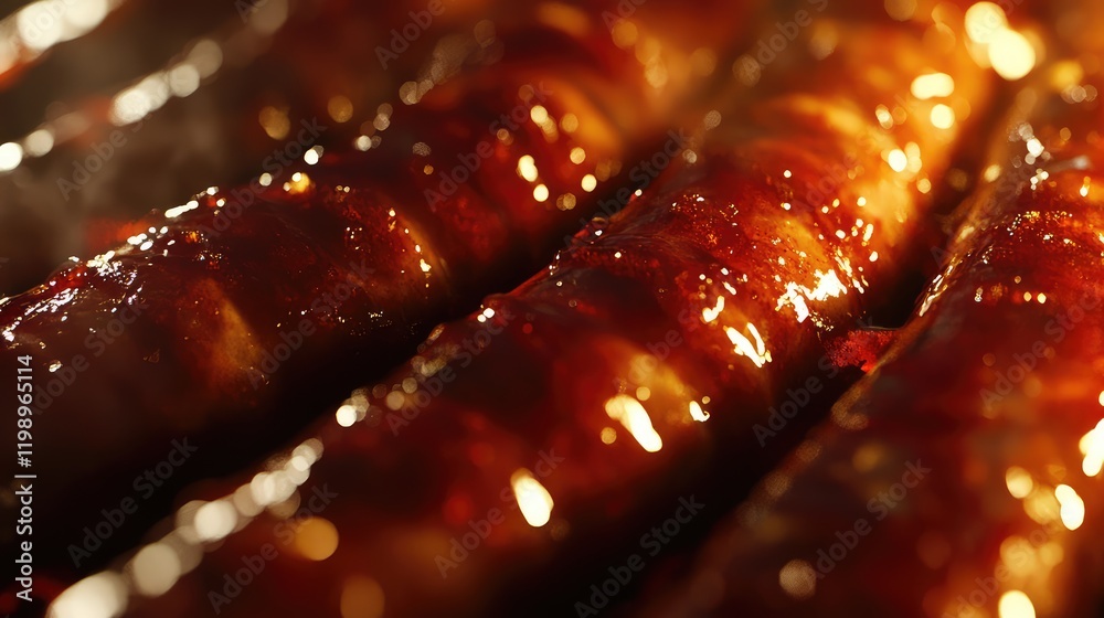 Aufkleber Close up of glistening gourmet sausage links in rich brown glaze on dark background with ample empty space for fine dining text and advertisements