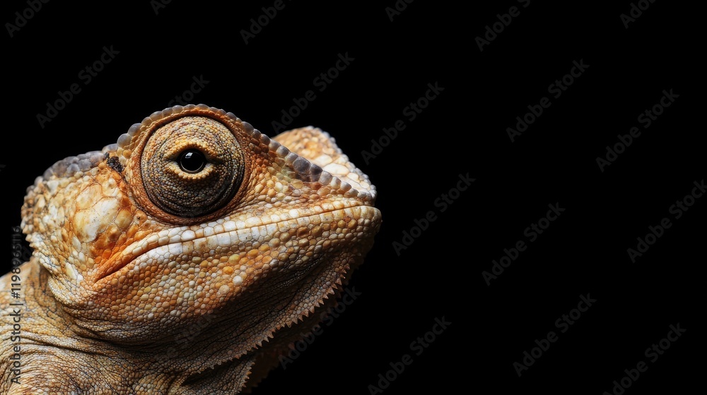 Poster Close up view of a textured orange and brown chameleon gazing at the camera against a black background with ample copy space for text.