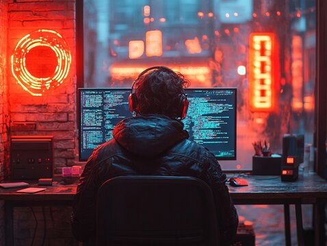 Coder with headphones works on computer in neon-lit cafe at night