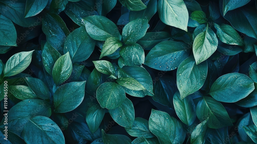 Poster close up of lush green leaves with water droplets enhancing freshness against a dark background prov