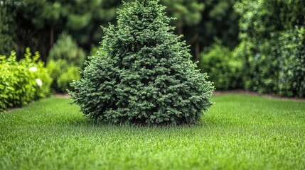 Lush green grass garden featuring a close-up of a cedar tree surrounded by verdant foliage and ample empty space for textual overlay