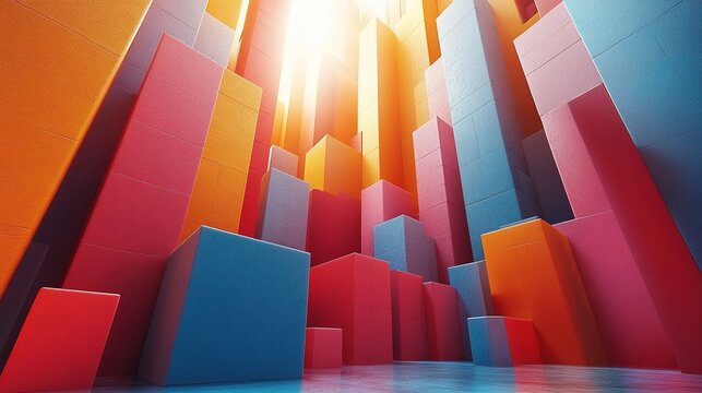 Colorful 3D bar graph rising with sun in abstract space
