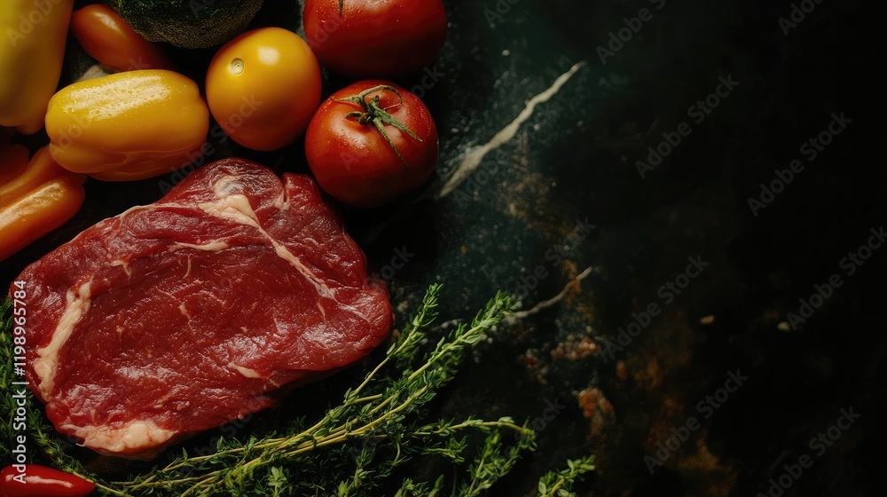 Aufkleber vibrant close-up composition showcasing raw red meat alongside colorful fresh vegetables including t