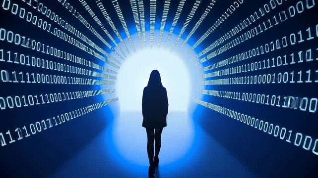 Silhouette of Person Walking Through Tunnel of Binary Code Journey into Digital World of Technology, Discovery, and Light in Futuristic Atmosphere