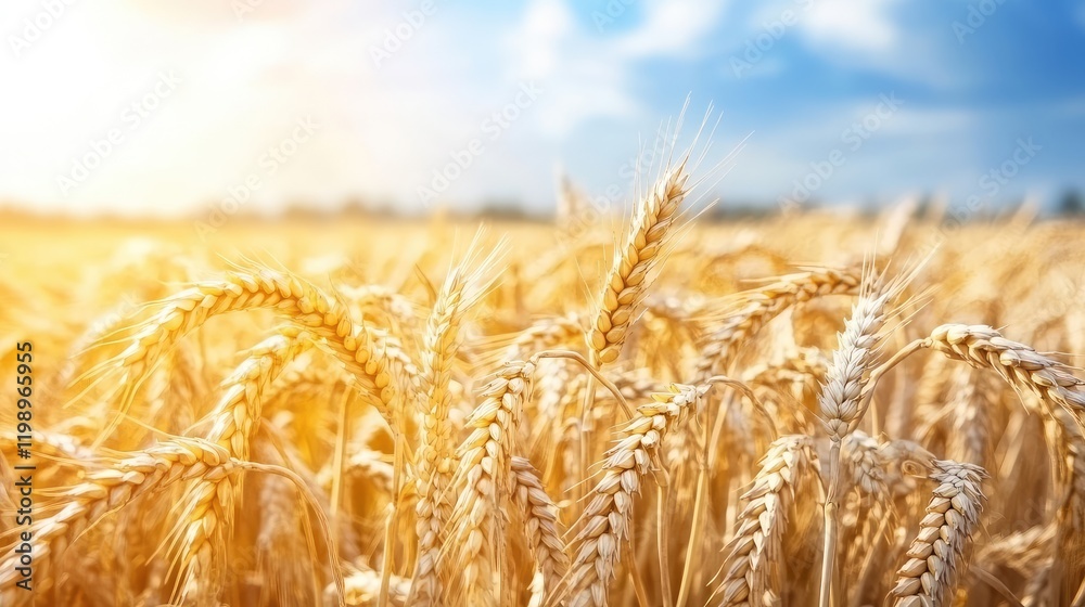Poster golden wheat field under sunlight with blue sky and empty text area, close-up shot