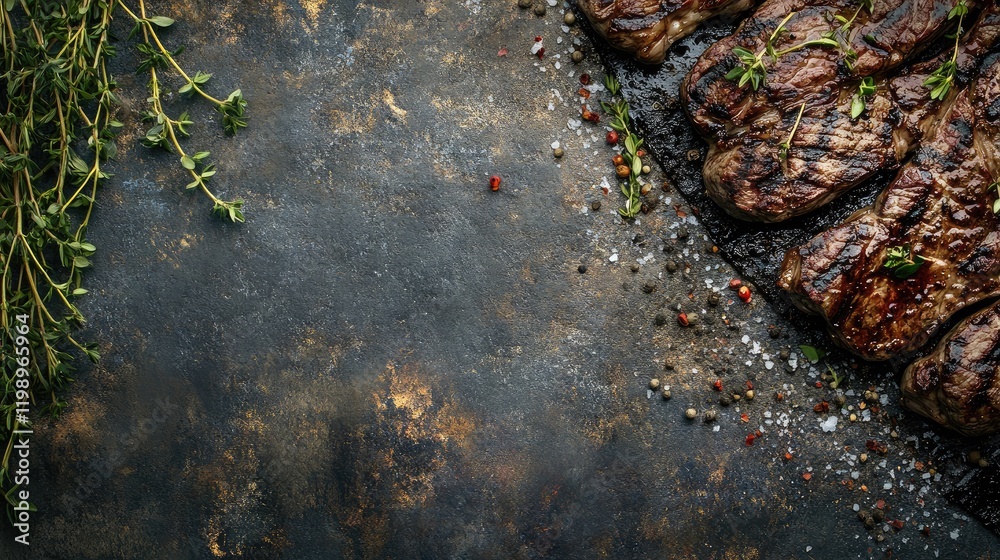 Poster Close-up of grilled steak garnished with herbs on rustic surface, with space for text or overlay.